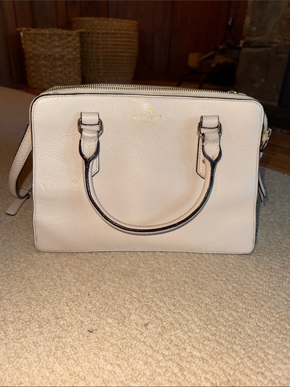kate spade cream pebbled leather satchel with black trim